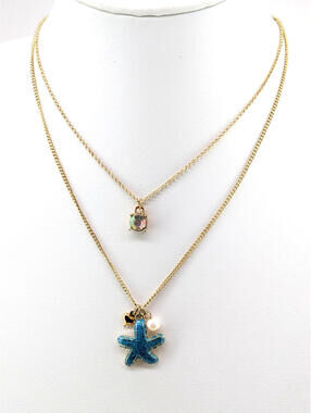 Betsey Johnson Necklace Long Blue Starfish Faux Pearl Rhinestone Nautical 26in